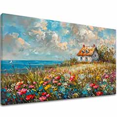 L'immagine di un paesaggio su tela Casa di campagna in fiori | Dettagli acrilici